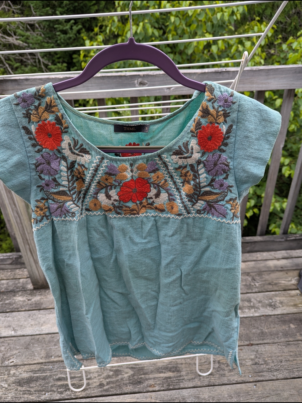 Thml Teal Embroidered Short Sleeve Peasant Top